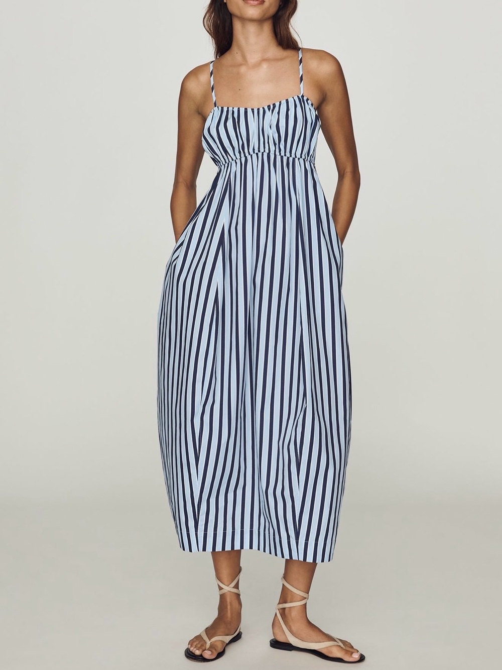 Maeve Navy and White Vertical-Stripe Spaghetti-Strap Midi Dress